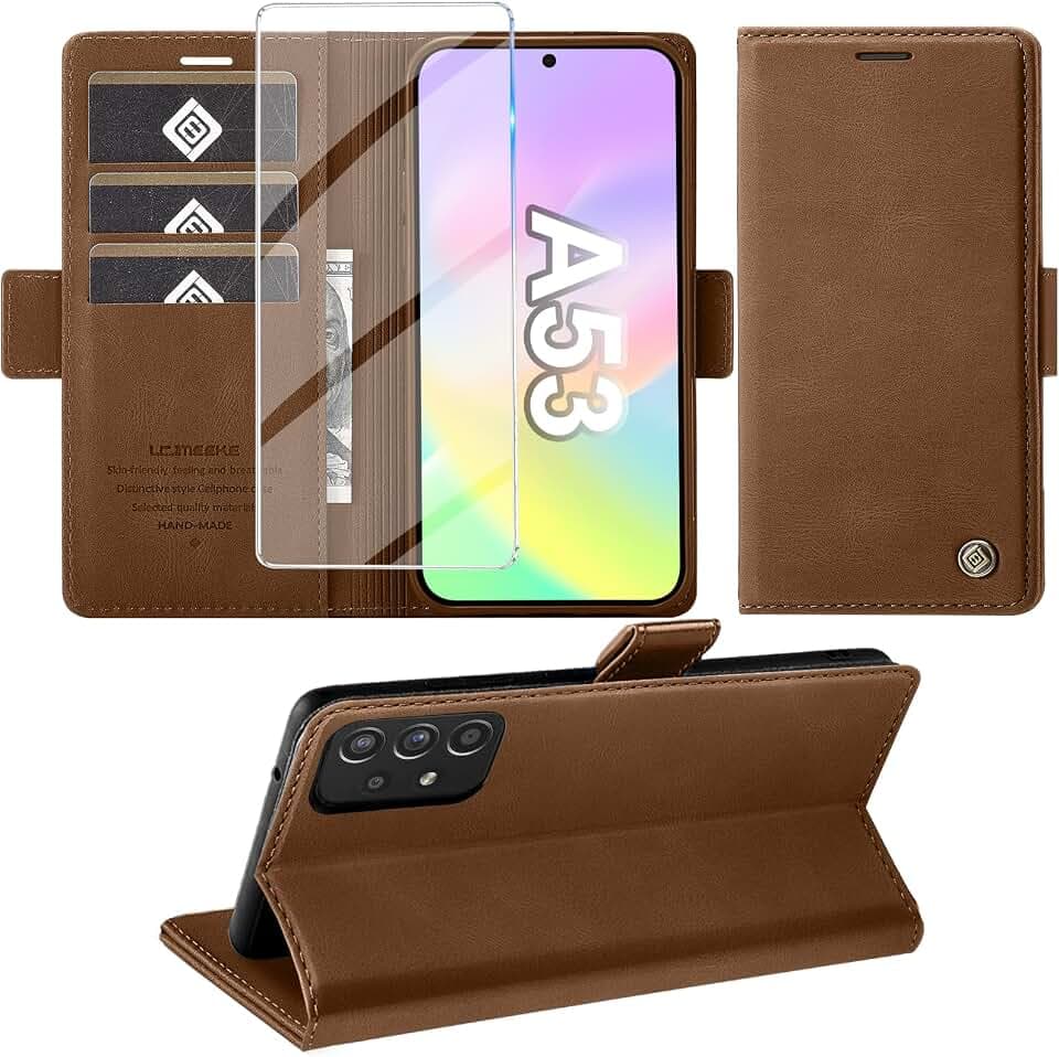 Schutzhülle für Samsung Galaxy A53 5G Hülle mit gehärtetem Glas, Premium PU Brieftasche Steckplatz für RFID-Karte, Diebstahlschutz, Standfunktion, Flip Case, stoßfest für Samsung A53 5G Cover (braun)