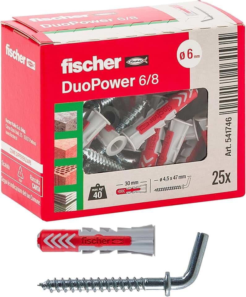 Fischer Duopower 541746 Dübel mit kurzem Haken, grau/rot, 25 Stück