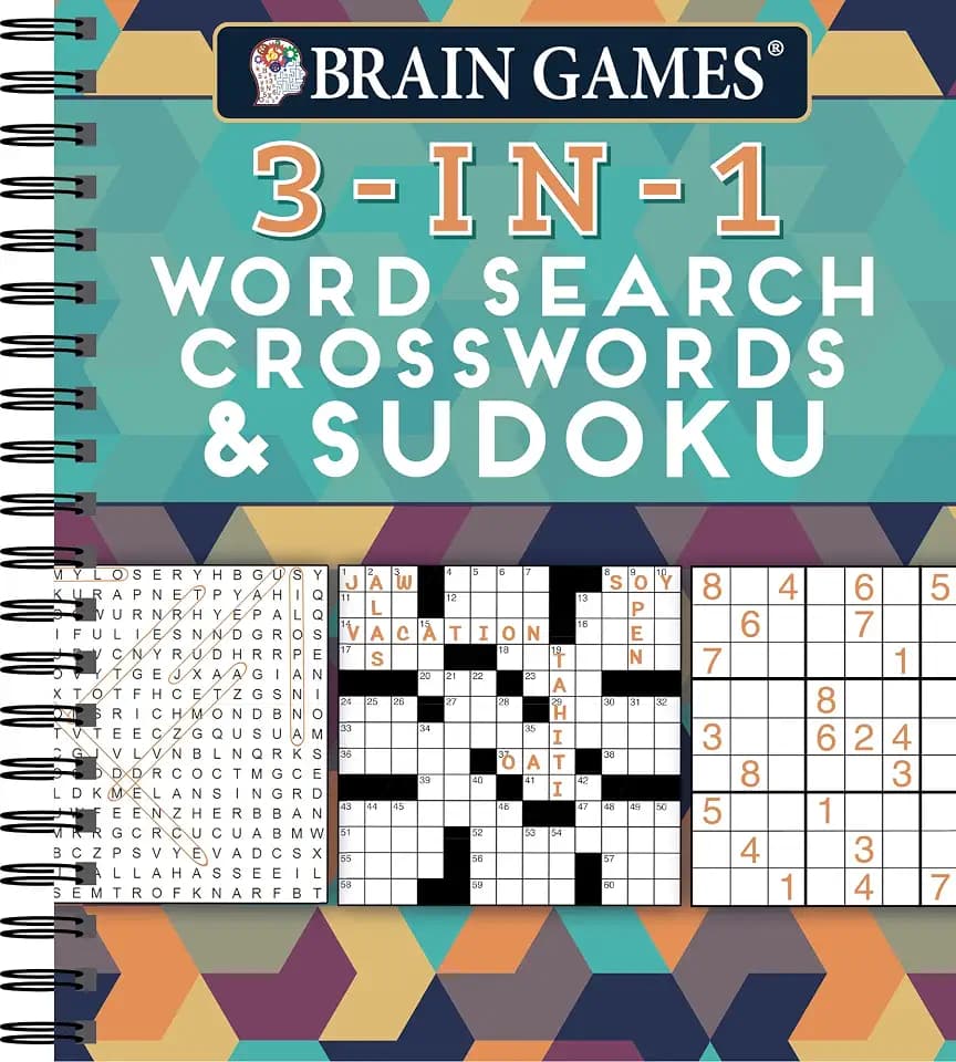 Brain Games - 3-In-1 Puzzle Book: Word Search, Crosswords & Sudoku | 256 Pages, Spiral Bound | Large Variety Activity Book for Adults, Seniors, Teens
