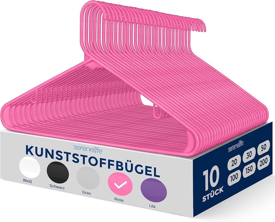 SereneLife Kleiderbügel Platzsparend 10 Stück, Bügel rutschfest mit Einkerbungen im Schulterbereich für Kinder & Erwachsene, Hangers Clothes, Aufhänger für Garderobe & Schrank, Kunststoff, Rosa