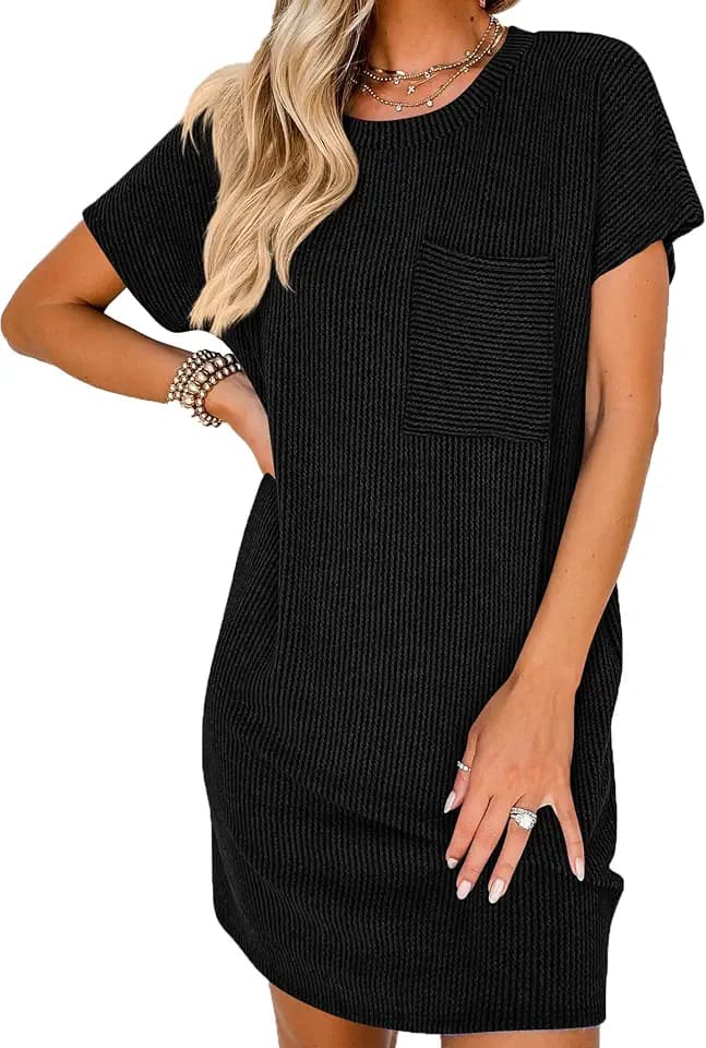 Sommerkleid Damen Leicht Kurz Sommer Kurzarm Kleid mit Taschen Damenkleider