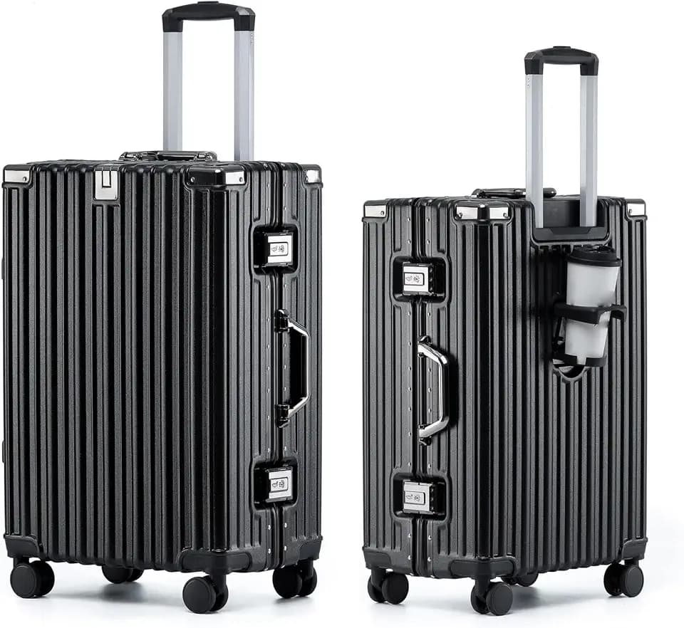 Aoliwei Größe Koffer L 73cm - Alurahmen Hartschalenkoffer aus 100% Polycarbonat, ca. 90L - Premium Reisekoffer mit Getränkehalter & TSA-Schloss - Leiser 4-Rollen Trolley - Schwarz