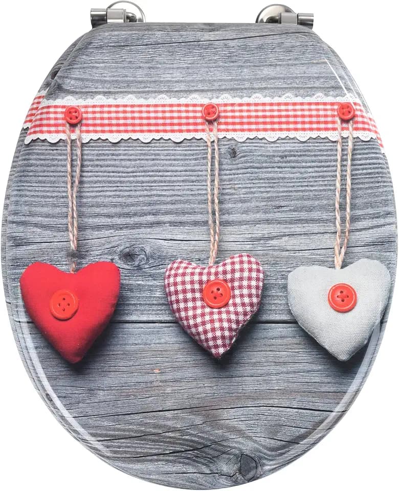 WENKO WC-Sitz Bavarian Hearts, Toilettensitz mit Herz-Design, WC-Deckel inkl. Wandpuffer und rostfreier Edelstahlbefestigung, Toilettenbrille aus MDF, 35,5 x 42,5 cm, FSC® zertifiziert, Mehrfarbig