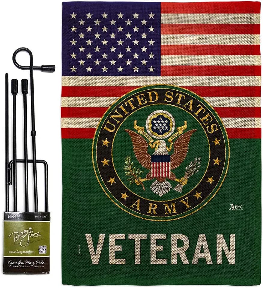 US Army Veteran Burlap Garden Flag with Stand Armed Forces Rangers United State American Military Retire Official - House Decoration Banner Cemetery Yard Rememberance Veterans Day Gifts Made in USA