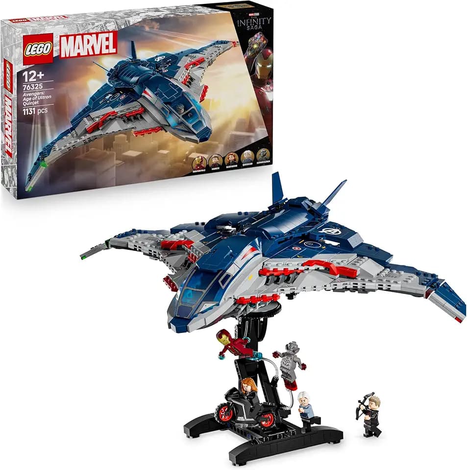LEGO | Marvel Avengers: Age of Ultron Quinjet – Superhelden Spielzeug Flugzeug mit Motorrad und 5 Minifiguren, darunter Iron Man, Black Widow und Ultron – Geschenk für Jungen ab 12 Jahren – 76325