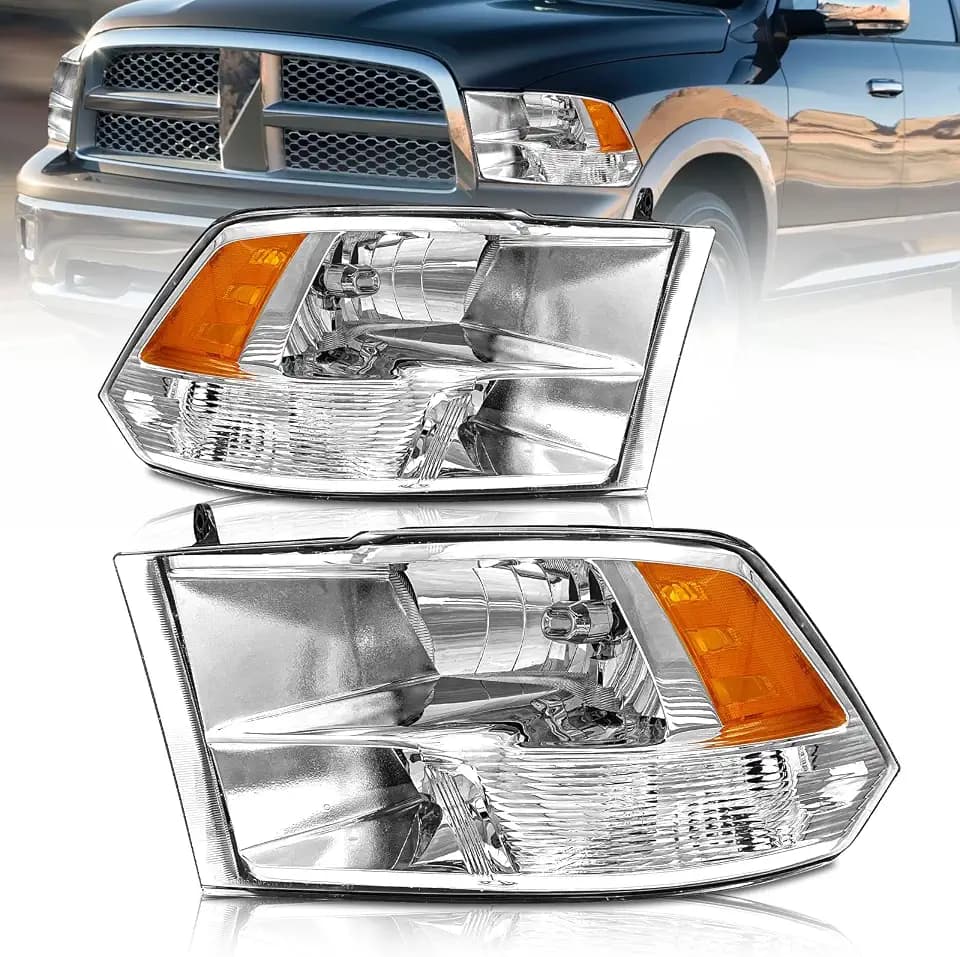 AS Headlight Assembly Compatible with 2009-2018 Dodge Ram 1500, 2010-2018 Ram 2500 3500 Pickup with Factory Quad Halogen Headlights, Chrome Housing Pair, Not Bulbs, Not for Projector/Dual/H13 Models