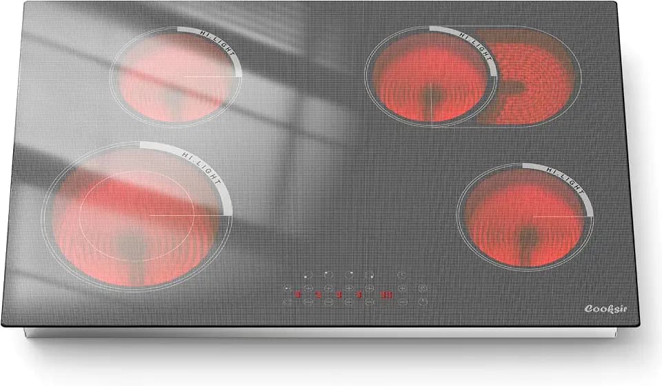 30 Inch Electric Cooktop 4 Burner, Built-inClear/Transparent Electric Stove 30" 6600W, Ceramic Stove with Oval Zone and Dual Zone, Metal Frame, Child Lock, Timer, 240V Hard Wired, Woven Black