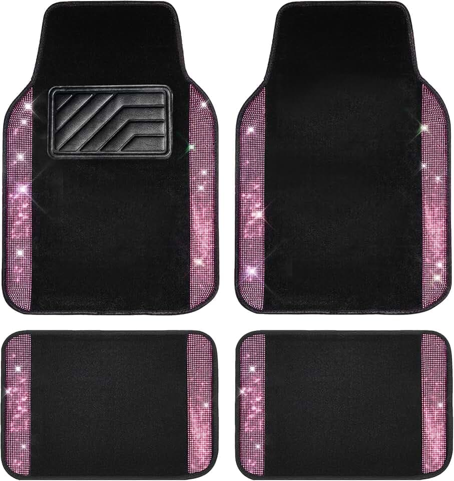 CAR PASS Bling Diamant Auto Fußmatten, Glänzend Glitzernder Kristall, Universal Fussmatten Auto mit Rutschfestem PVC Fersenpolster für SUV Limousine Van, 4 Stück für Mädchen Damen Herren(Rosa)