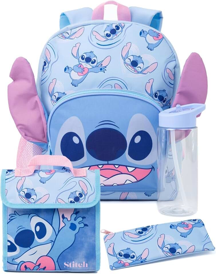 Disney Lilo And Stitch 4-teiliger Rucksack Mädchen | Kinder Jungen Alien Charakter 3D Ohren Rucksack Lunch Bag Federmäppchen Und Wasserflasche | Back to School Bag Geschenke