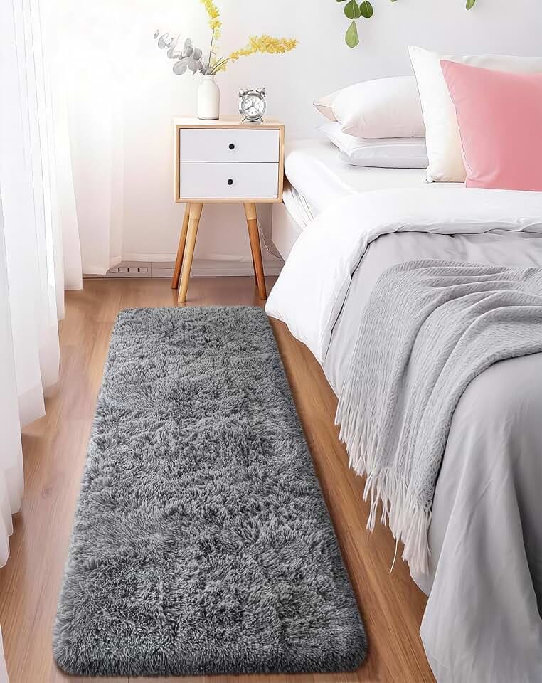 Ophanie Runner Rug for Hallway, 2x5 Upgrade Non-Slip Fluffy Soft Bedside Rugs, Bedroom Living Room Grey Shaggy Gray Carpet for Kids Girls Boys Dorm Nursery Home Decor Aesthetic