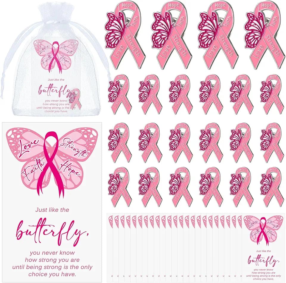 25/50/75/100 Sets Breast Cancer Pins Bulk, Ribbon Butterfly Pins