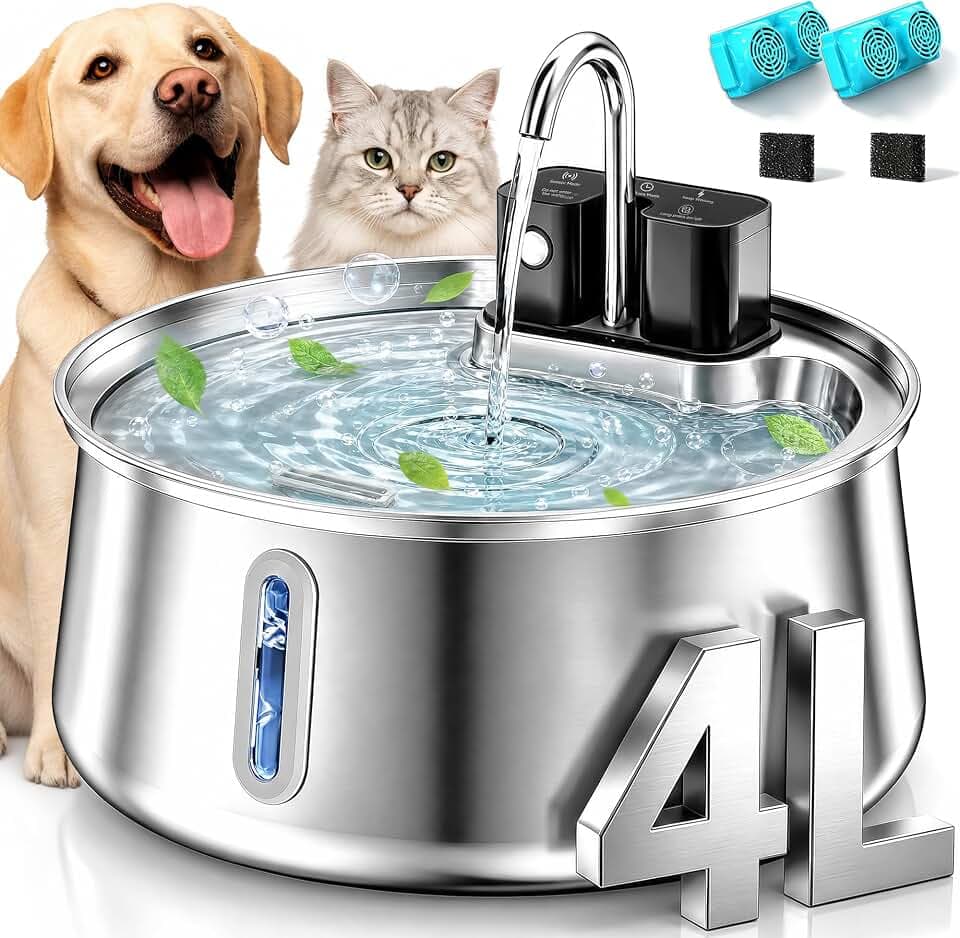 Dog Water Fountain, Super Quiet Dog Water Bowl, 4L Stainless Steel Dog Water Fountain with Visual Water Level (4L)
