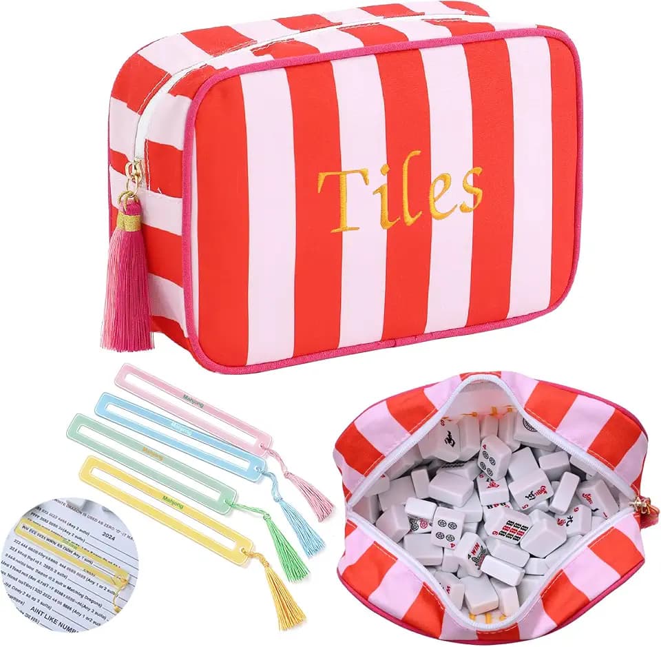 Empty Mahjong Tiles Bag with 4 Pcs Acrylic Mahjong Line Finder Cards