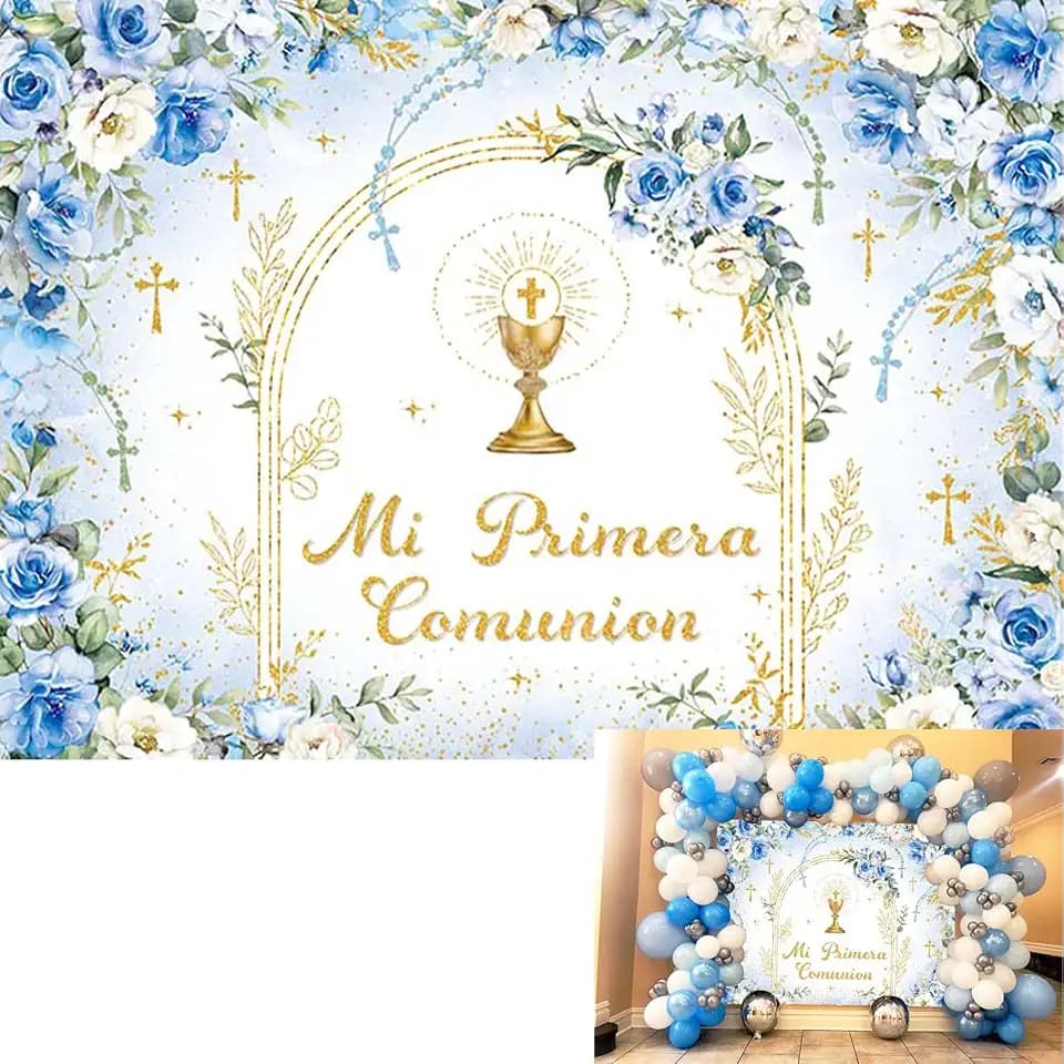 Mi Primera Comunion Backdrop Banner Blue First Holy Communion Background God Bless Christening Comunion Baby Baptism Party Decorations Banner Photo Props (Blue, 7x5FT(82 x 59 inch))