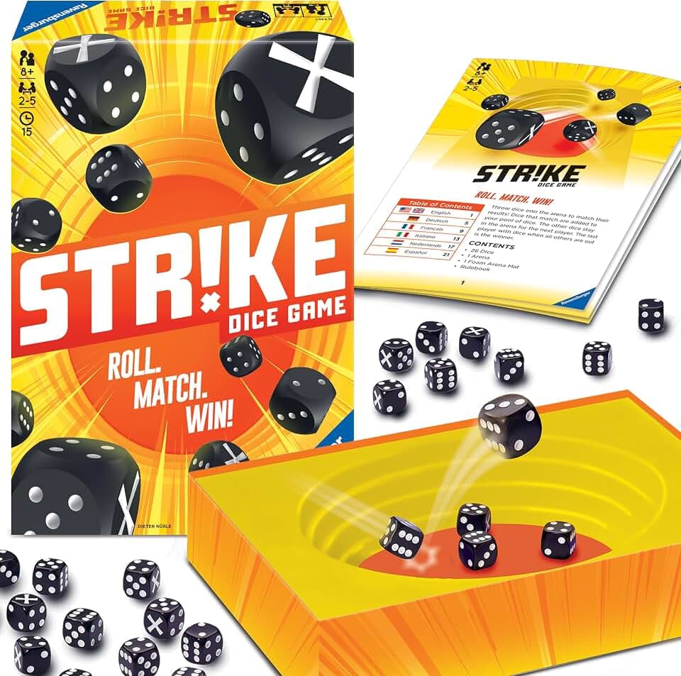 Ravensburger 26840 - Strike, Brettspiel, Mehrfarbiges Würfelspiel für 2-5 Spieler, Mitbringspiel ab 8 Jahren, Familienspiel
