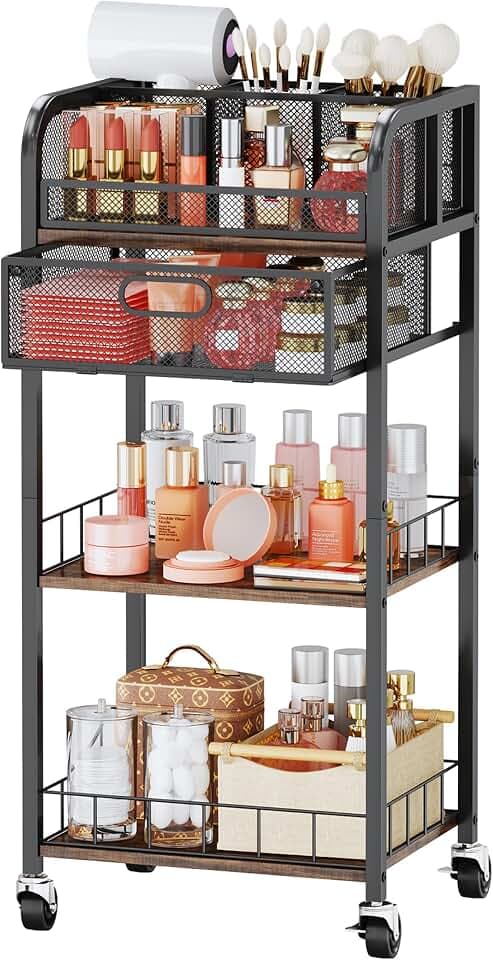 HapiRm Makeup Organizer Storage Cart - Floor Skincare Make Up Organizers with 4 Drawers, Rolling Makeup Cart Vanity Organizer Cosmetics Display Cases Holder for Skin Care Nail Polish Black