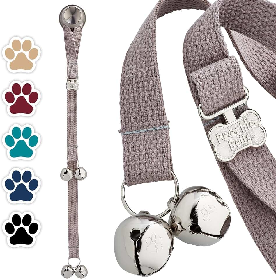 PoochieBells Dog Door Bells for Potty Training, Quick & Easy Puppy Potty Training Method Included, Handcrafted in USA with Loud, Paw-Safe Bells, Durable Cotton Webbing - Stone Gray