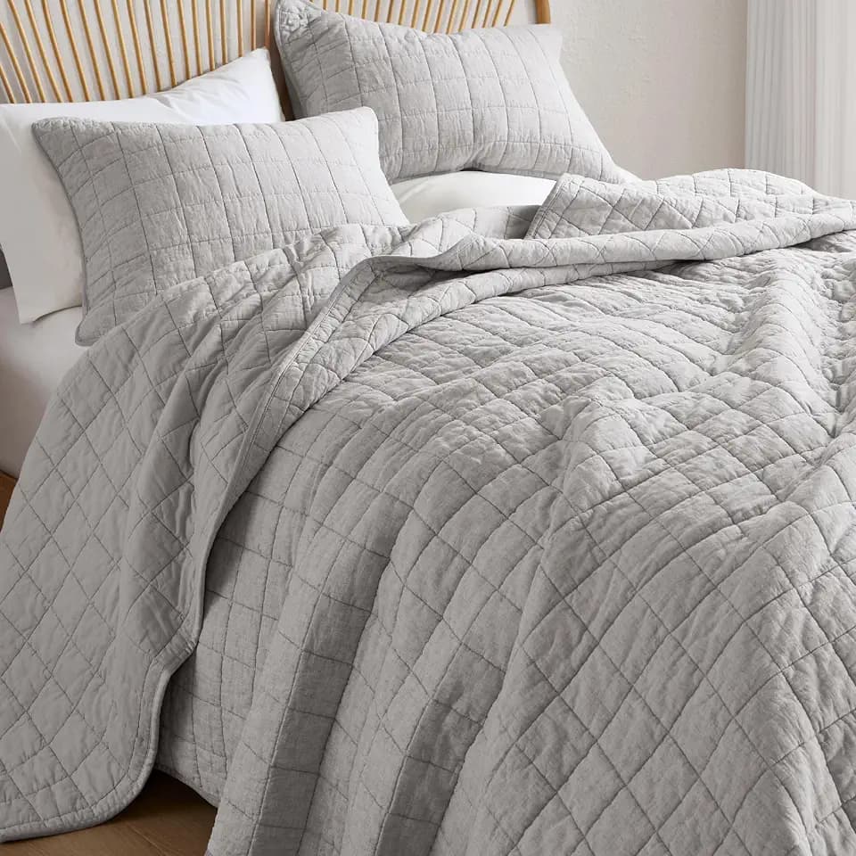 Hyde Lane Linen Quilt Queen Size, Grey - Breathable Box-Stitch Coverlet
