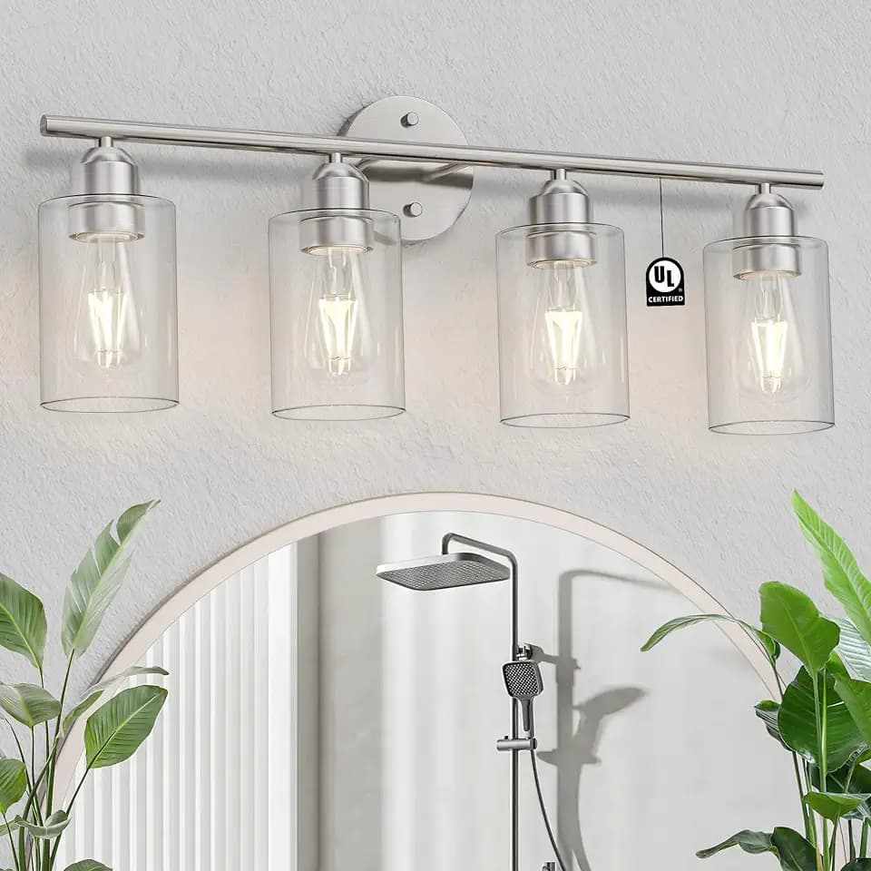 Bathroom Vanity Light Fixtures Brushed Nickel,4 Lights Rustic Farmhouse Vanity Bar Lighting Over Mirror Modern Industrial Wall Sconces Lamp with Cylinder Glass Shade