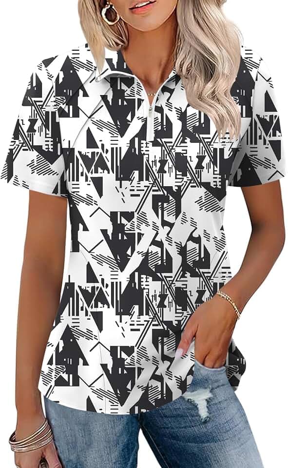 LOMON Womens Golf Polo Shirt Summer Short Sleeve Quarter Zip Outfit