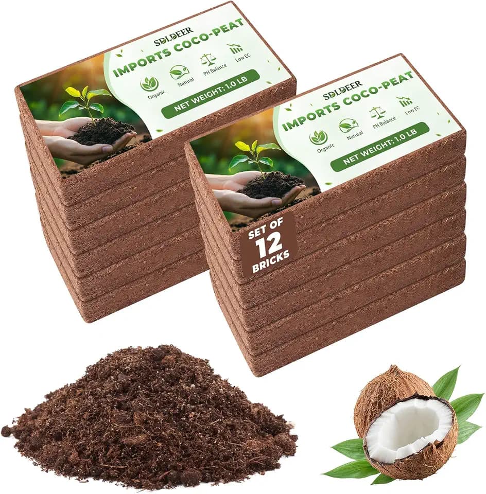 Coco Coir Bricks - Compressed Coconut Fiber Substrate for Plants, Gardening, Potting Mix. Low EC & Balanced pH Natural Growth Medium for Seed Starting, Herbs, and Gardening (12PCS)
