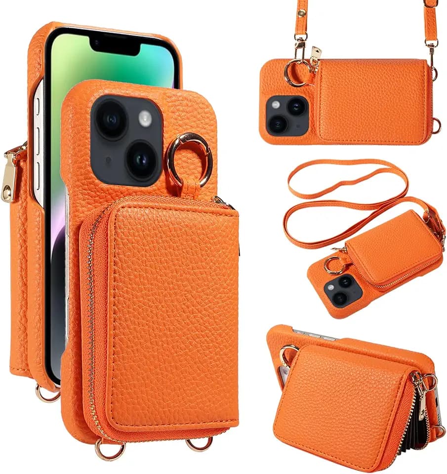 Zipper Flip Organ Wallet Case for iPhone 13 6.1 inch Women Orange