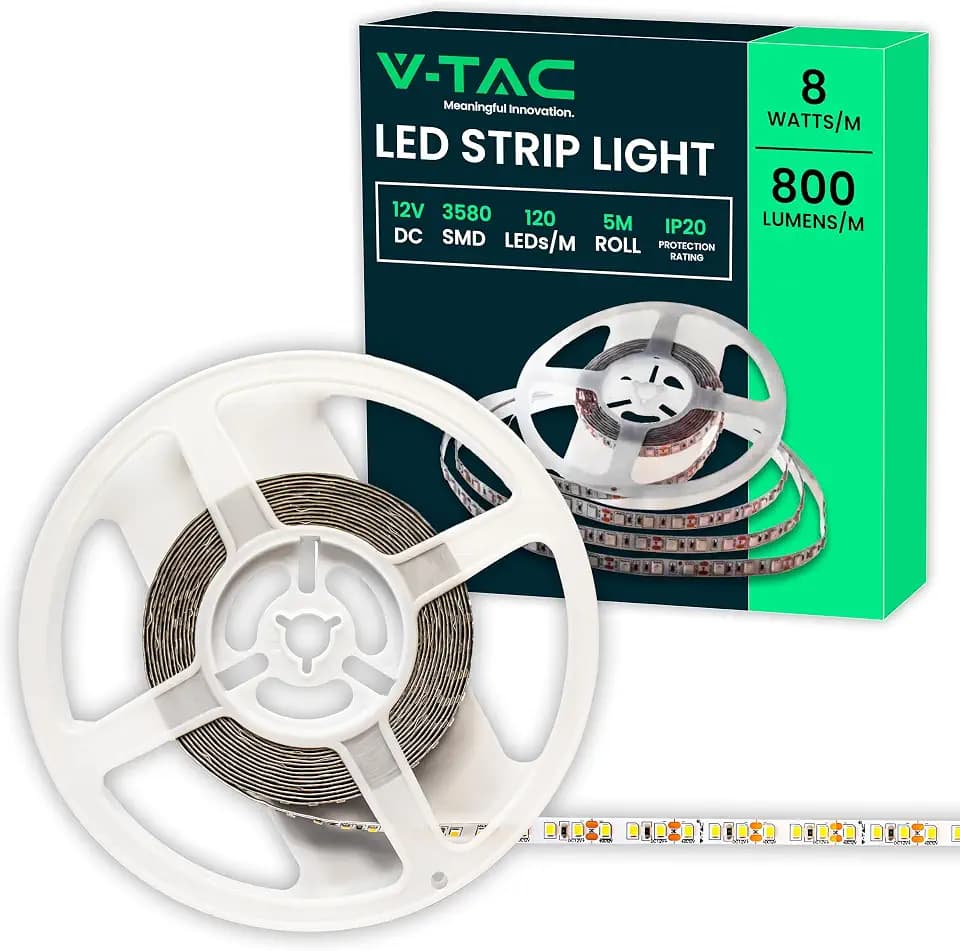 V-TAC LED Streifen Innenbereich 8W - [ 5 METER ] - HELLER LED-KLEBESTREIFEN - 800 Lumen - Flexibles LED-Band für Haus, Küche, Schlafzimmer, Wohnzimmer - 12V - SMD 3528 - Licht Kaltweiß 6500K