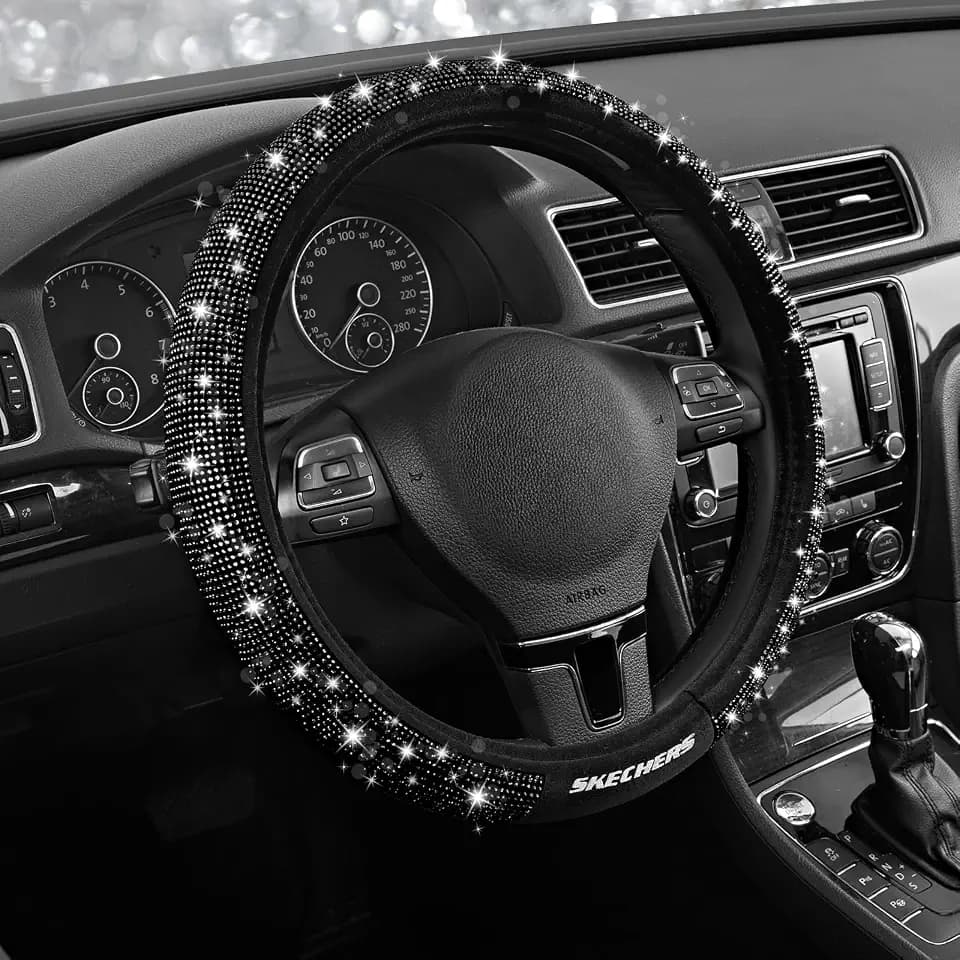 Skechers Women’s Bling Steering Wheel Cover, Velvet with Sparkly Crystal Rhinestones, Stylish Car Interior Gift, Universal Fit 14" 1/2-15" for Cars, SUVs, Trucks, Black Diamond