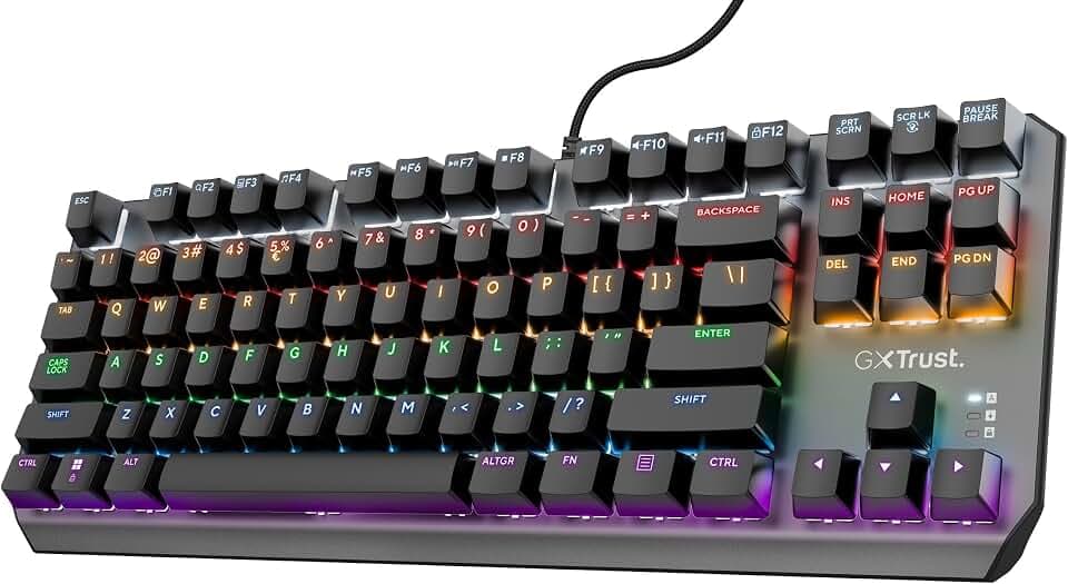 Trust Gaming GXT 834 Callaz TKL Mechanische Gaming-Tastatur mit UK-Layout, kompaktes Tenkeyless-Design (80%), Outemu-Schalter, mehrfarbige LED-Beleuchtung, mechanische USB-Tastatur für PC, Laptop, Mac