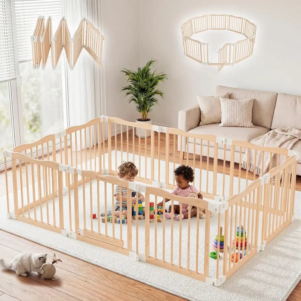 Foldable Wooden Playpen, Natural, 79 x 53 x 24 inches