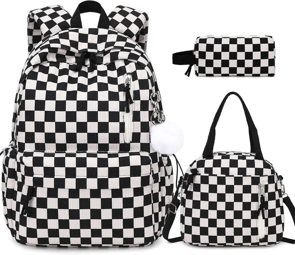3PCS Corduroy Girls Backpack w/ Lunch Box & Pencil Bag (Black Chessboard)