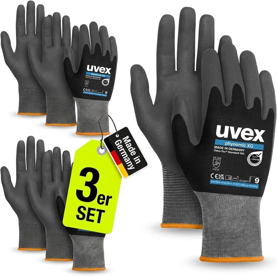 Uvex phynomic XG Arbeitshandschuhe – abriebfest – Schwarz/Grau (Größe 06/XS, 3 Paar)