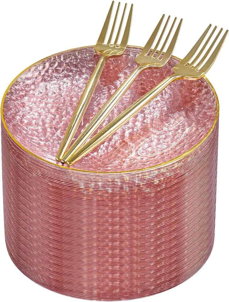 Rubtlamp 200Pcs Plastic Pink Dessert Plates with Disposable Gold Forks,Heavy Duty Pink Hammered Salad Platos, Gold Small Platos,Fancy Appetizer Plates for Mother's Day