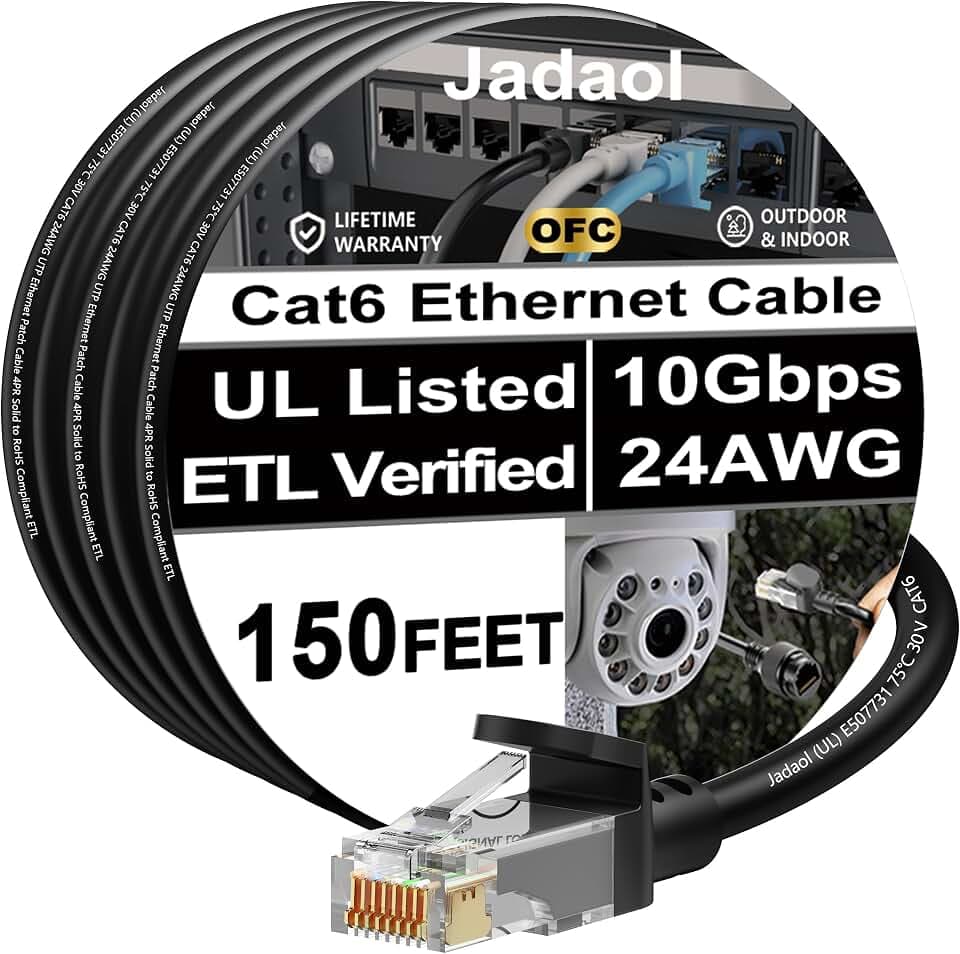 Jadaol [UL Listed] Snagless Cat6 Ethernet Cable 150 ft 10Gbps, PoE++, Black