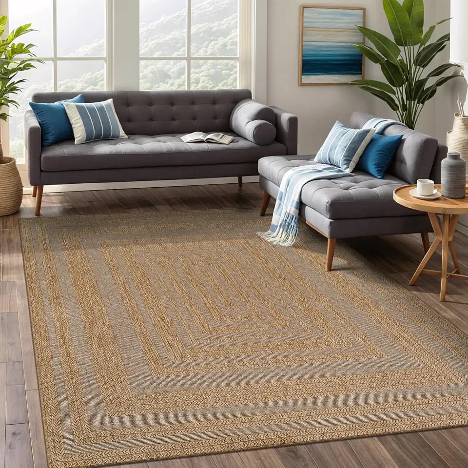 Beverly Rug Easy Jute Framed Border Rug 4x6 Washable Durable Indoor Outdoor Area Rugs for Living Dining Room Patio Office Stain Resistant Non Shedding Casual Indoor Outside Carpet 4 x 6 Natural