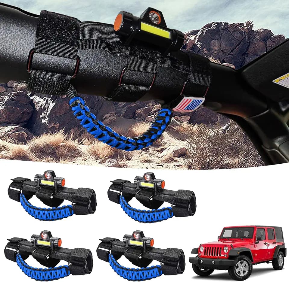 GAIZON 4 Pack Grab Handles Roll Bar Paracord for Jeep Wrangler Accessories Sahara Freedom Rubicon CJ YJ TJ JL JK LJ JLU JKU,Gladiator JT 1955-2023 Interior Accessory,Grip Handle with LED Light (Blue)