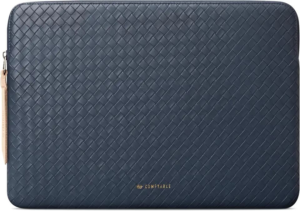 Comfyable Woven-Look Laptop Sleeve 13 Inch 14 Inch Compatible with MacBook Air M5 & MacBook Pro M5 Pro/Max 2026, Faux Leather Mac Travel Case for Men Women, Dark Blue