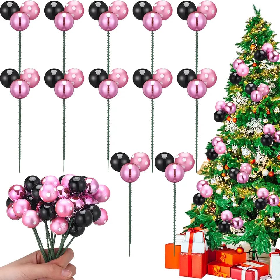 12 Pcs Christmas Cartoon Mouse Picks 7.9 Inch Christmas Ball Ornaments on Wired Picks Shatterproof Decor for Xmas Vase Wreath Stairs Garland Decor(Pink & White Polka Dots, Pink, Black)