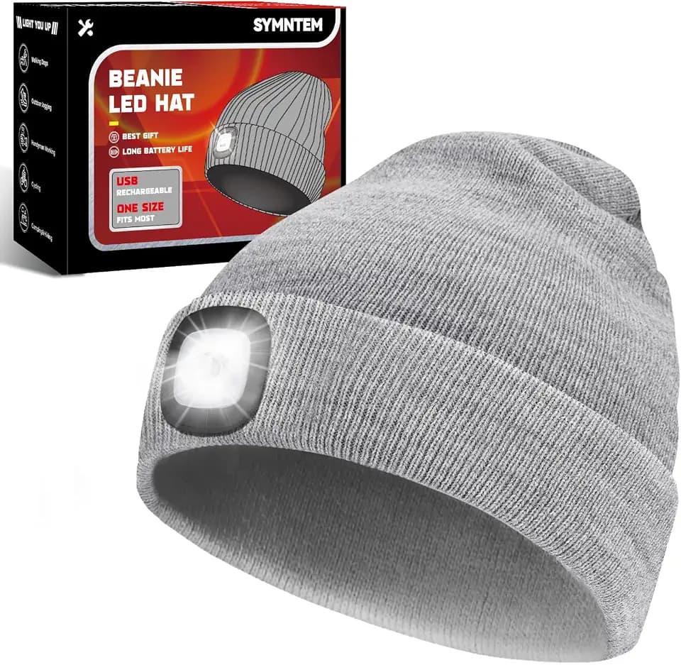 Unisex Beanie Hat with Light, Rechargeable Headlamps Cap, Hiking, Camping headlamps, Gifts for Men, Cool Gadget Birthday Gifts for Men, Women, Dad, Father, Boyfriend, Grey