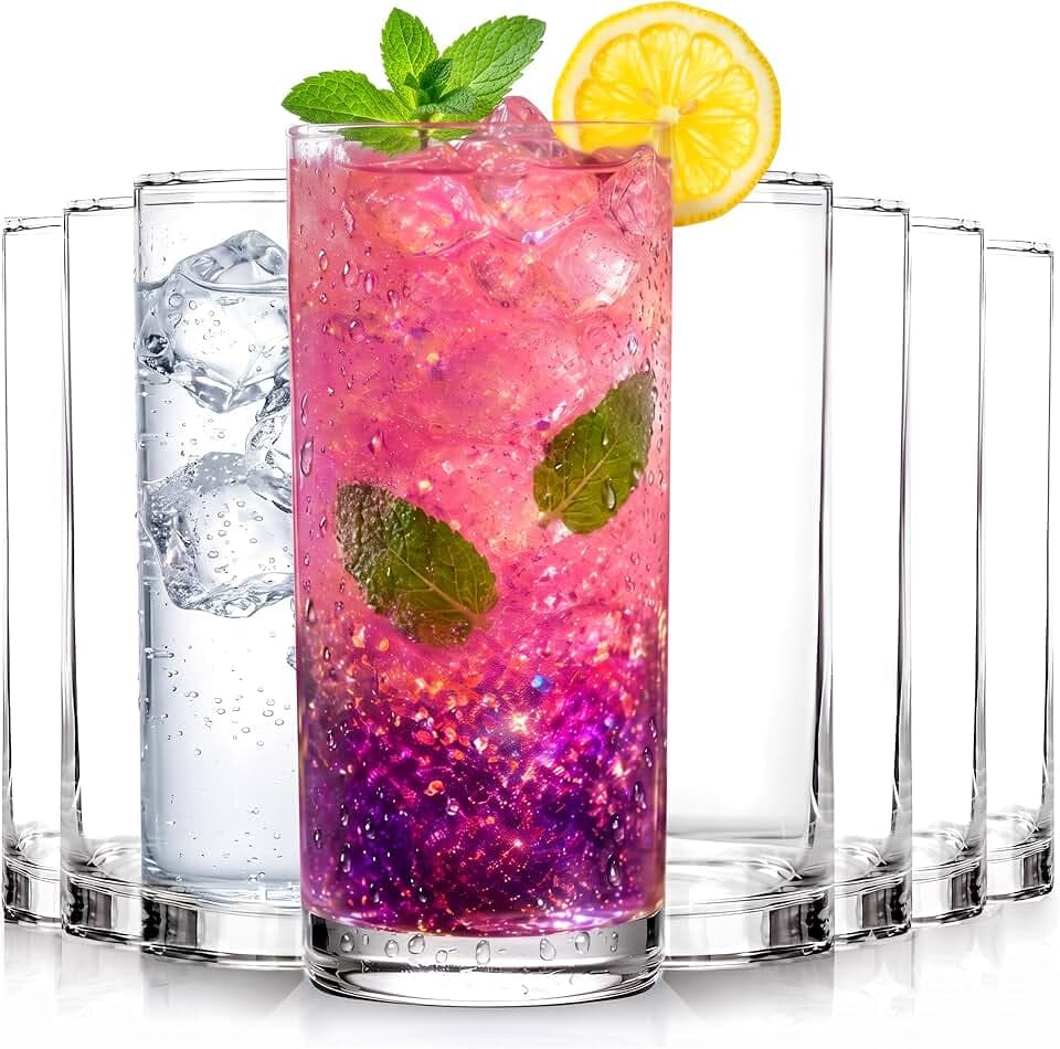 KICHLY Transparente Plastik Gläser set 8er, 473 ml Trinkgläser, Bruchsichere wassergläser spülmaschinenfest, Gläser set für Wasser, Saft und Cocktails – BPA-frei
