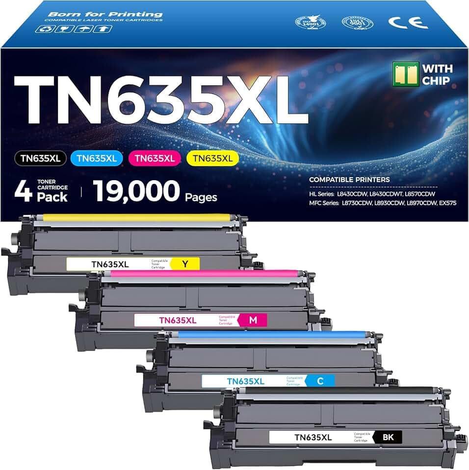 TN635XL TN635 Toner Cartridge Set 4-Pack High Yield Replacement Compatible for Brother HL-L8430CDW HL-L8570CDW L8430CDWT MFC-L8730CDW MFC-L8930CDW MFC-L8970CDW EX575 Printer Black Cyan Magenta Yellow