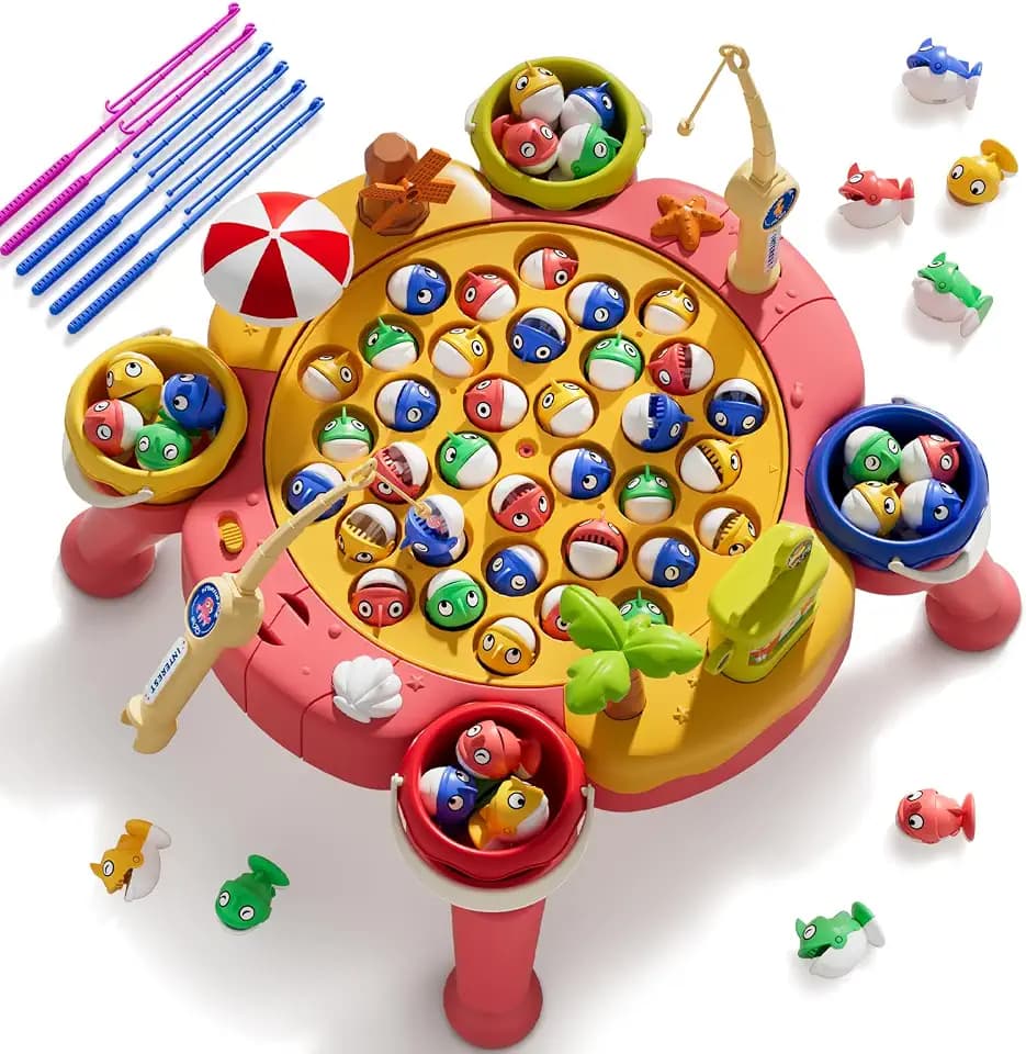 ORANGE OCEAN Pink 70 PCS Magnetic Fishing Game Toddlers 3-5, Board Games for Kids 4-6, Fishing Toys with 360° Rotation & Sound, for Boys Girl