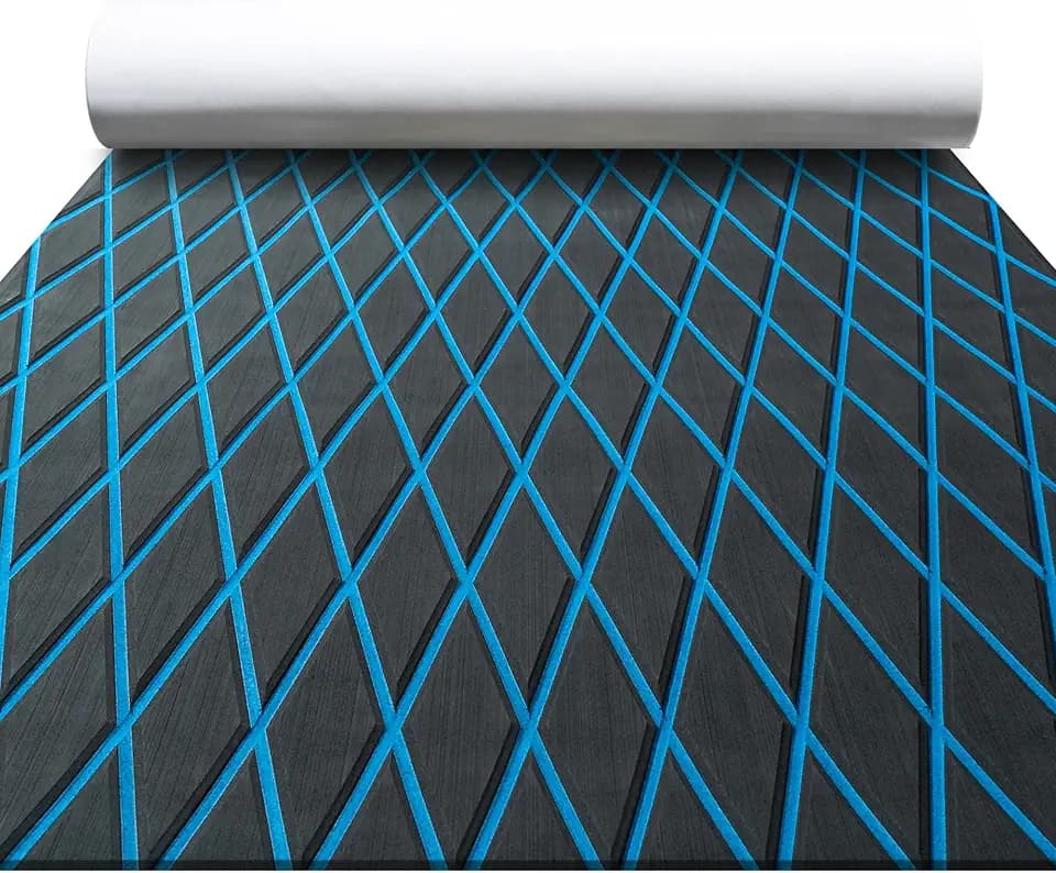 FOCEAN Boat Flooring EVA Foam Boat Decking Marine Mat Non-Slip Self-Adhesive Flooring Sheet for Motorboat Jon Boats Bass Boat Kayak RV Floor, 94.5''x 47.2'', Dark Grey with Blue Lines
