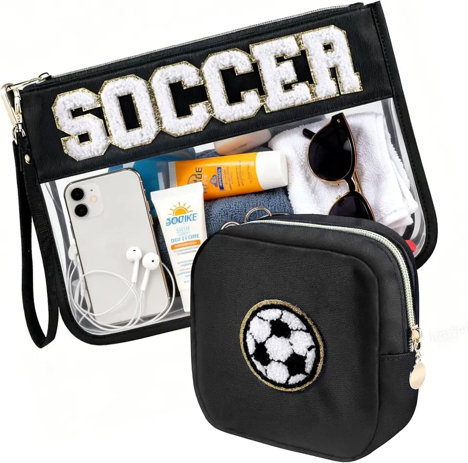 2-Pc Clear PVC Soccer Gifts Makeup Bag with Chenille Patch