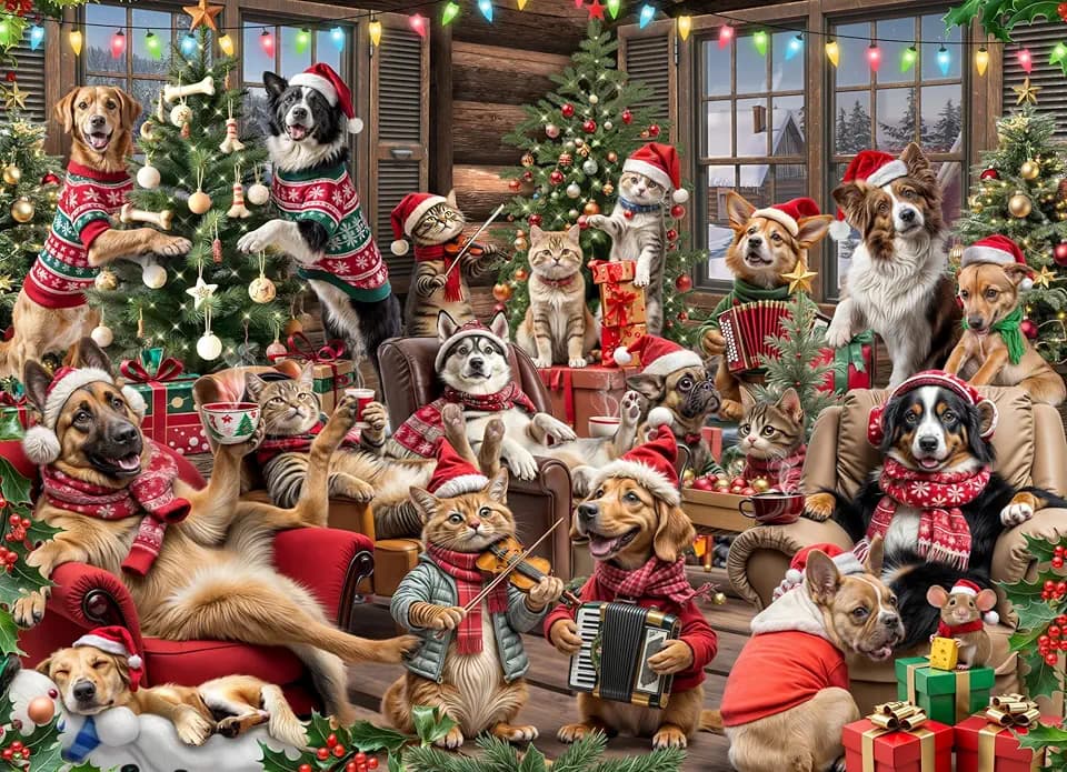 Tails of Christmas Jigsaw Puzzle 1000 Piece by Vermont Christmas Company - Dog & Cat Themed Puzzles with Randomly Shaped & Interlocking Pieces - 26 5/8" x 19 1/4"