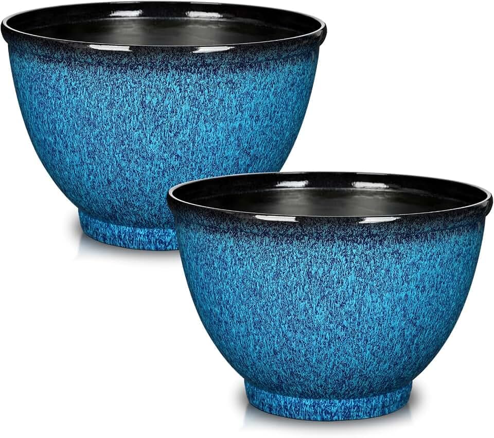 Hollyone Set of 2 Outdoor Planter Gradient Blue Plant Pot 11.5 inch Plastic Pots for Plants Planters for Outdoor Indoor Plants with Drainage Hole Round Plant Pot Flower Pots Garden Decorations