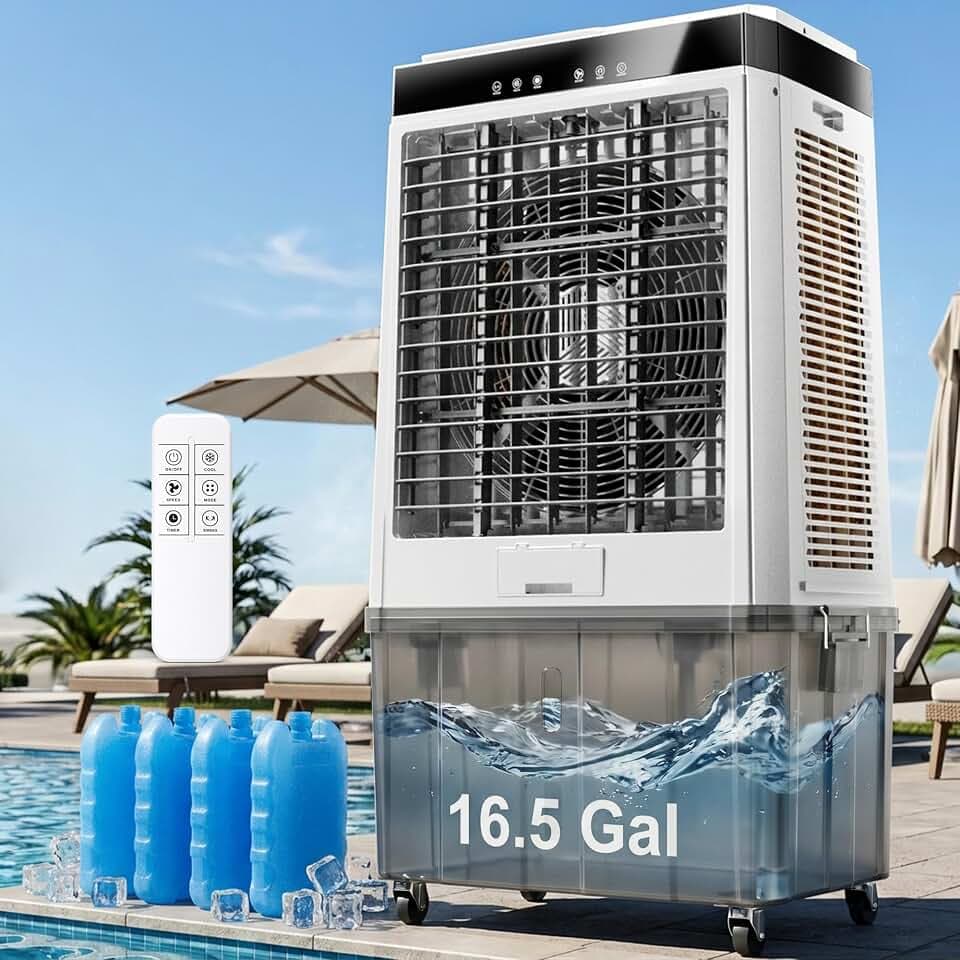Uthfy 45" Portable Evaporative Air Cooler, 5100 CFM Swamp Cooler Air Conditioner with 16.5 Gal Detachable Water Tank, Remote, 12H Timer, 120 Oscillation, Outdoor Cooling Fan for Garage, Patio
