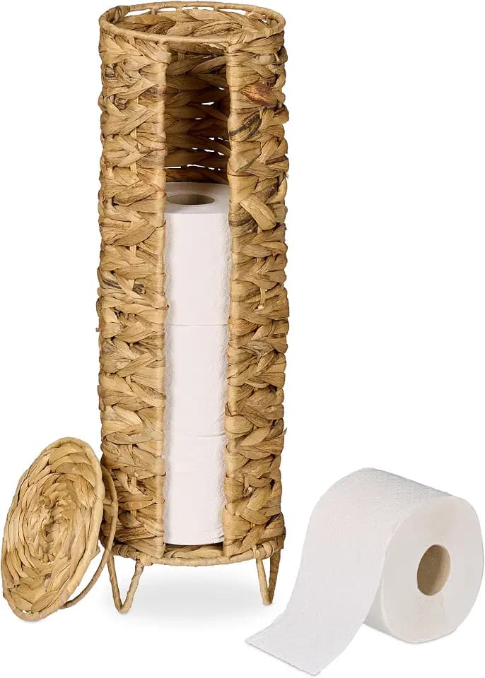 Relaxdays Toilettenpapier Aufbewahrung, 4 Rollen, HxD: 50,5 x 16 cm, Wasserhyazinthe, Reserverollenhalter stehend, Natur