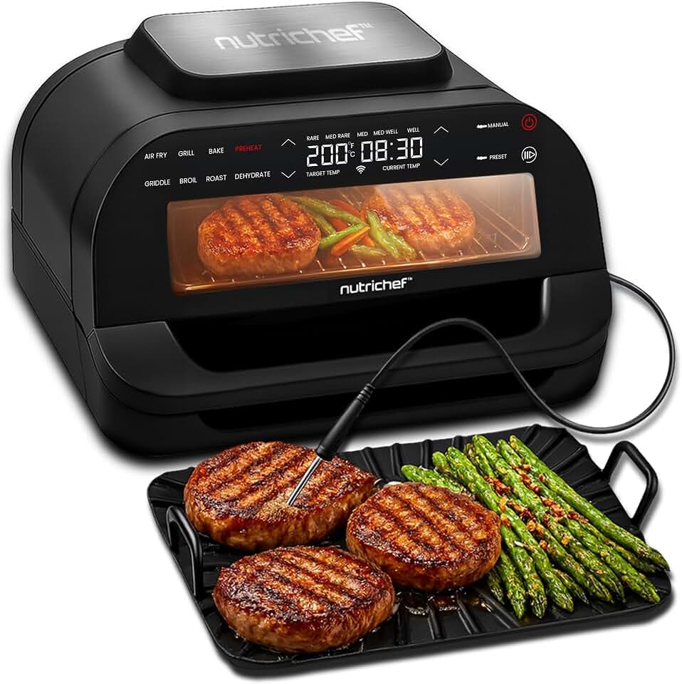 NutriChef Rauchfreier Indoor-Grill & Airfryer, 7-in-1, 6 L, Smart-Thermometer, Temperaturregelung, Antihaft-Grillplatten