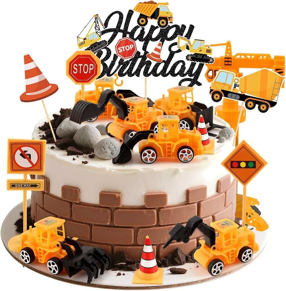 Bagger Geburtstag Tortendeko, 21 Stück Baustelle Kuchendeko Set mit Mini Baggern, Happy Birthday Cake Topper Verkehrsschildern, Bagger Geburtstagsdeko für Kind Jungen Geburtstag Party